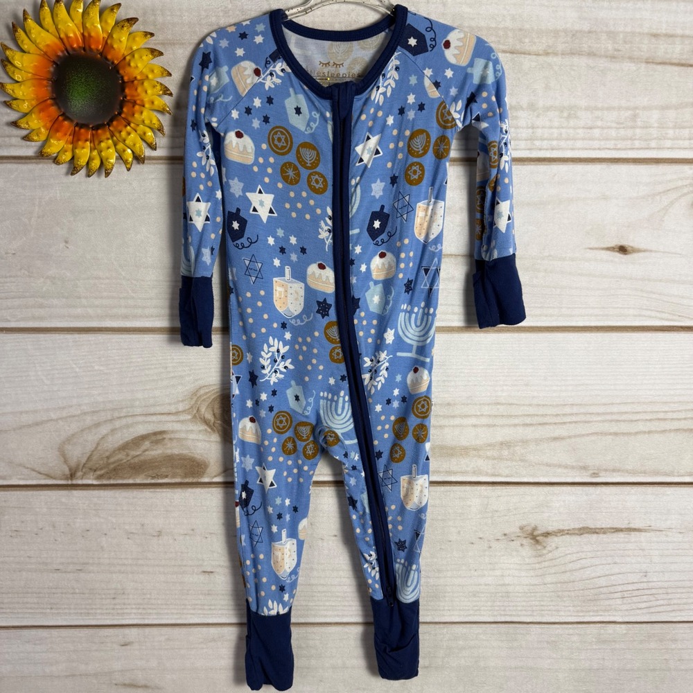 Little Sleepies Blue Hanukkah Lights Bamboo Convertible‎ Sleeper 6-12M